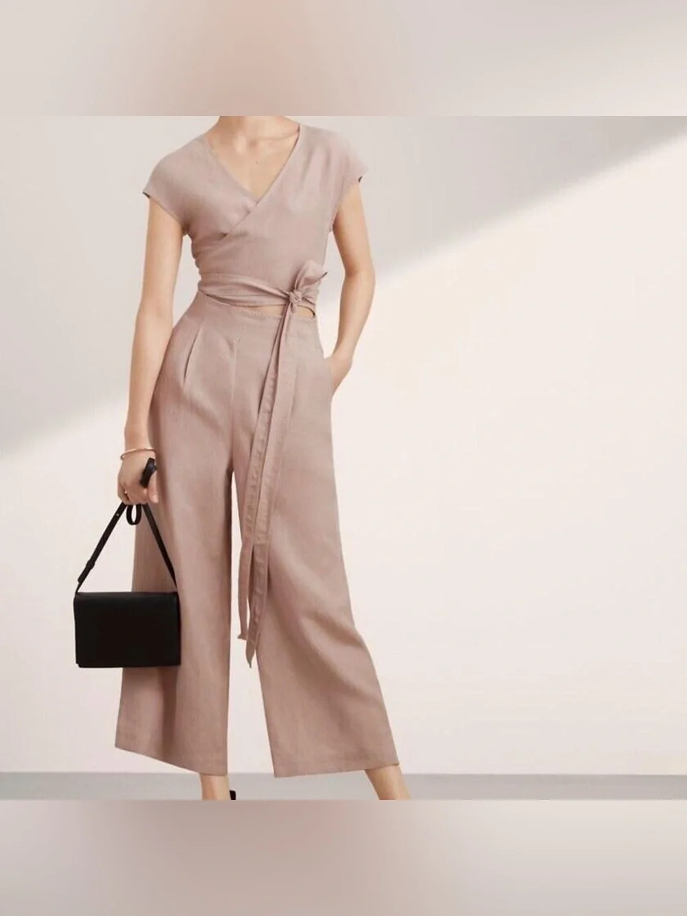Wilfred by Aritzia Linen Wrap Jumpsuit Tie Waist Wide Leg 10 Beige Minimalist